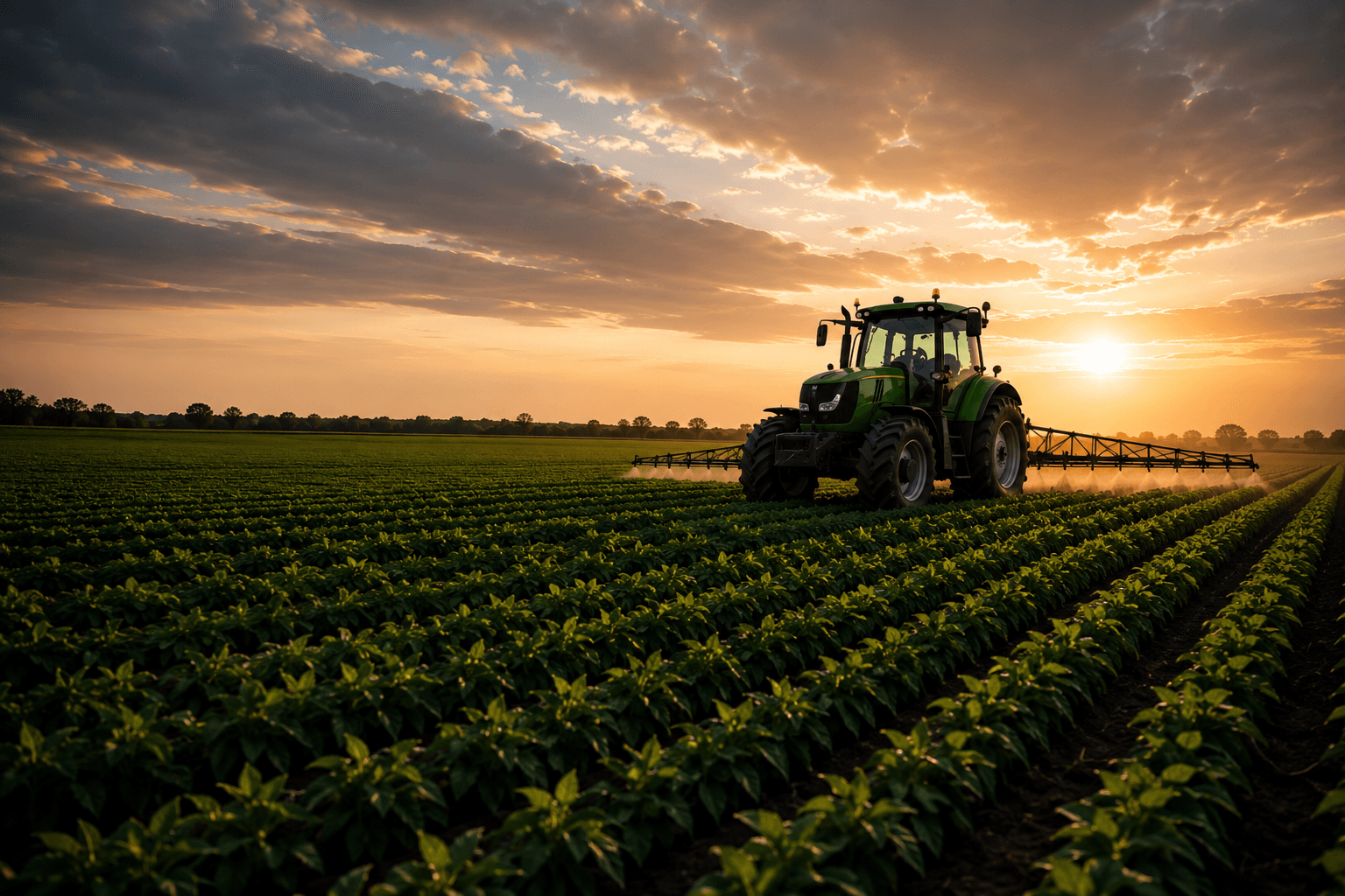 Tractor in field at sunset